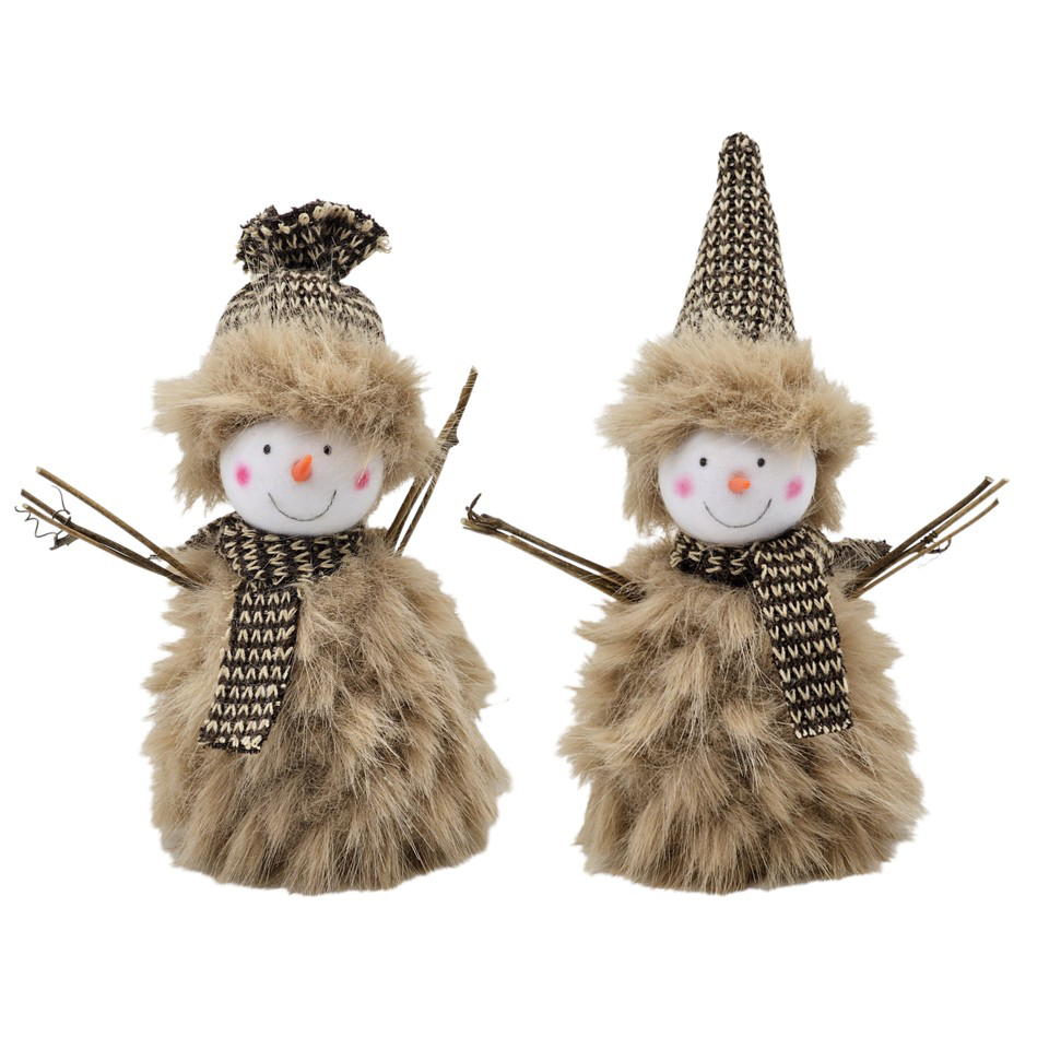 Image Duo of Snowmen Ornaments with Brown Fur Body - 13cm